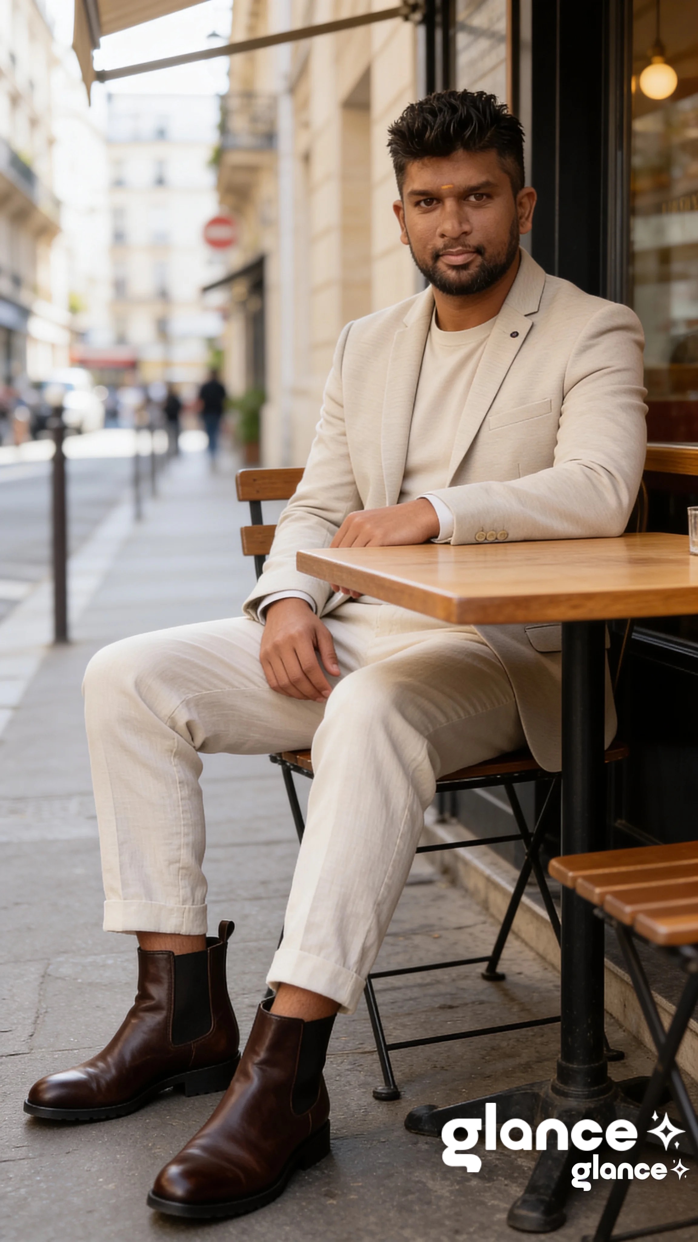 DS Vignesh seated in a cream blazer at a café table